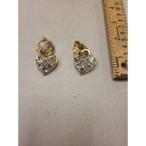 Gold Tone Heart Clip On Earrings Rhinestone Accent Fashion Jewelry